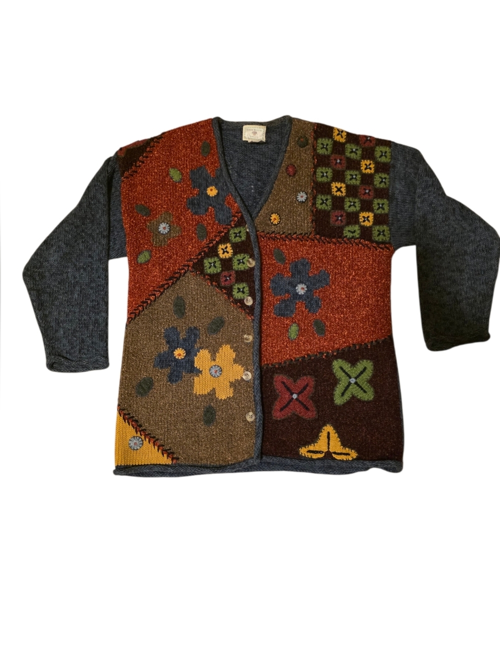 VINTAGE Susan Bristol Multicolor Floral Patchwork Cardigan Sweater - Size Large